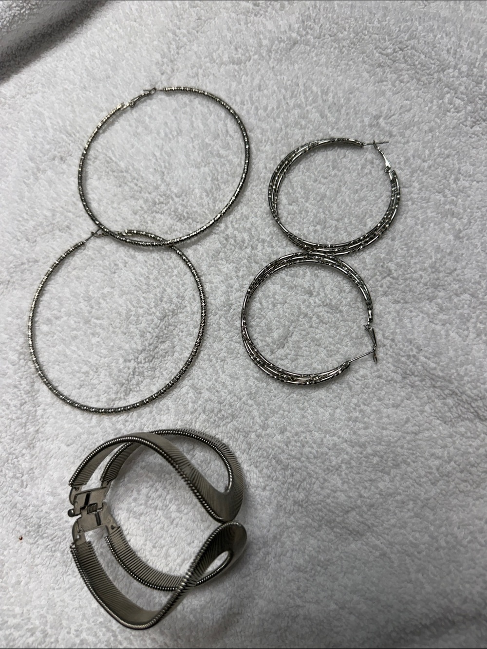 Classic Silver Hoop Earrings (2 pair) and Mesh Bracelet Set - Women Jewelry